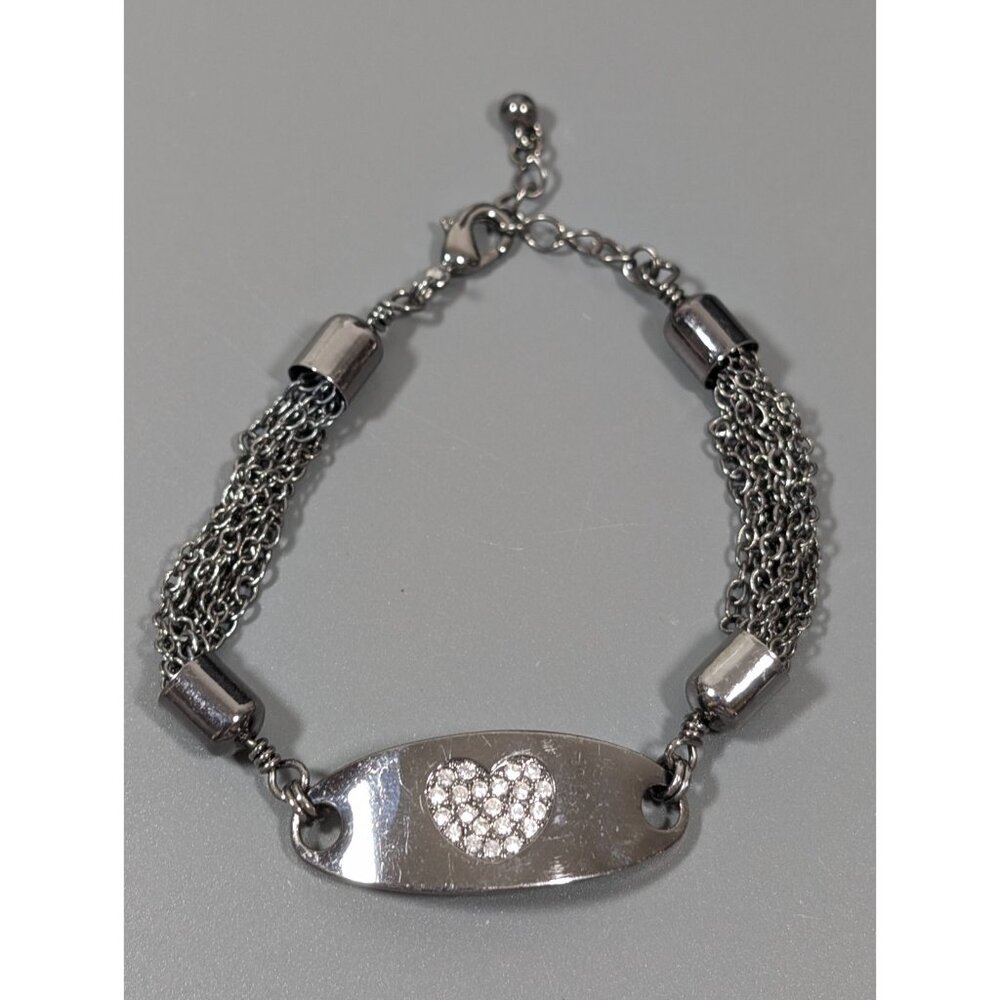 Lia Sophia Gray Metallic Crystal Heart Pave Multi Chain Bracelet 8.5 inch